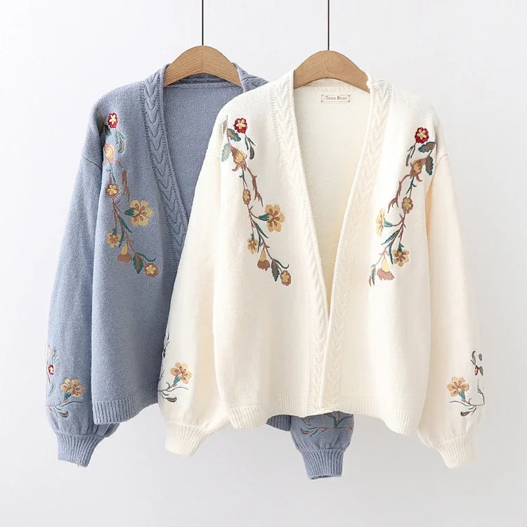  Mori Girl Elegant Floral Embroidery Cardigan Autumn Winter V Neck Knitted Cardigan Women Outerwear Hanarii Shop