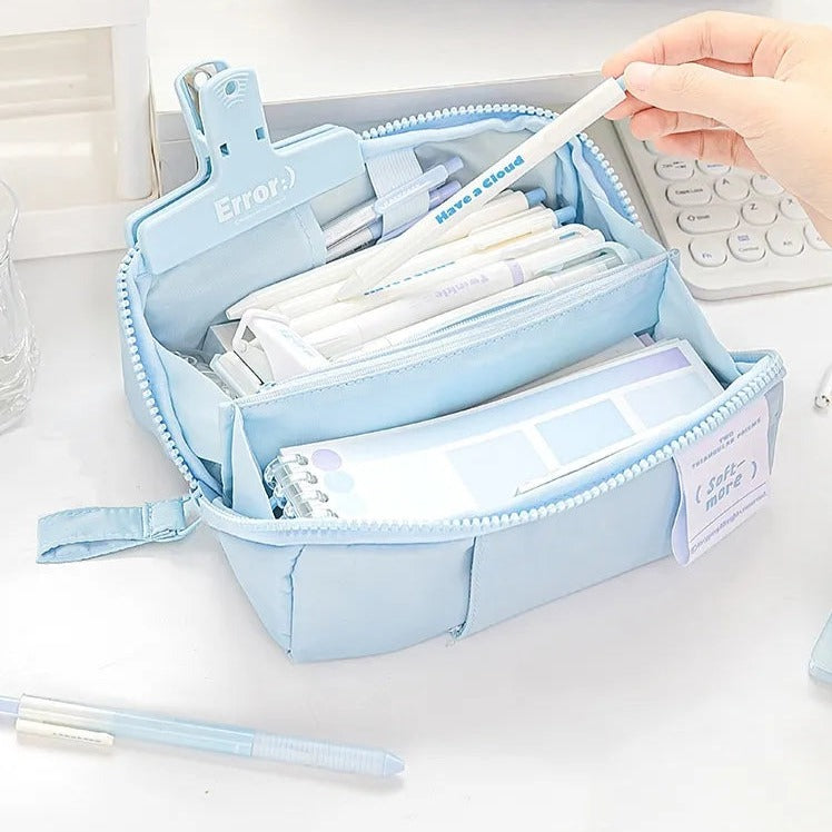 Baby Blue Soft Pastel Large Capacity Fabric Pencil Case Pen Bag Pocket Pastel Colours Palette Stationery Pouch for School 