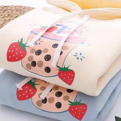 Strawberry Bear Boba Tea Kawaii Print Hoodies