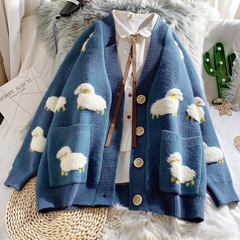 kawaii sweet Autumn Cartoon Sheep Print Loose Fit Oversized Boyfriend Cardigan 