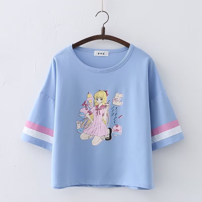 Harajuku Style Sweet Kawaii Girl Print Sailor Moon Cartoon Short Sleeve Cotton Tee Shirt 