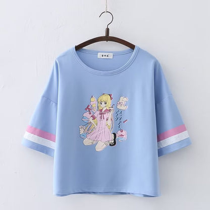 Harajuku Style Sweet Kawaii Girl Print Sailor Moon Cartoon Short Sleeve Cotton Tee Shirt 