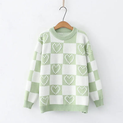 Sage Green Checkerboard Hearts Knit Sweater Autumn Winter Long Sleeve O Neck Loose Knitted Pullover Plaid Embroidery Warm Korean Fashion Casual Chic Tops