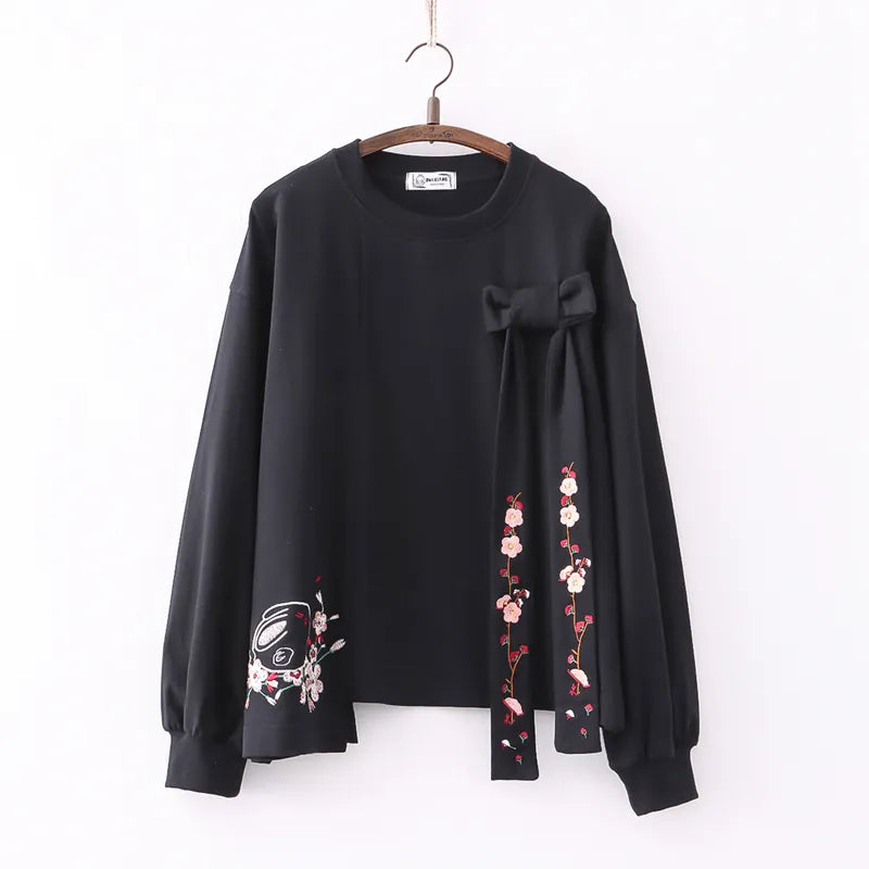 Sakura Rabbit Flower Blossoms Fleece Top Embroidery Lace Up Women Cotton Sweatshirt Long Sleeve O Neck Loose Warm Casual Sweetheart Style Pullover