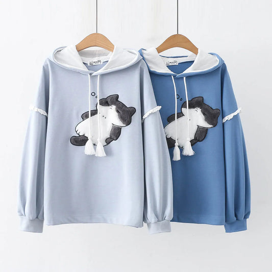 Sleeping Cat Lazy Cat Women Cute Hooded Sweatshirt  Autumn Hoodie Cat Dog Embroidery Cotton Hoodie Streetwear Pullover Korean Fashion Girls Kawaii Top