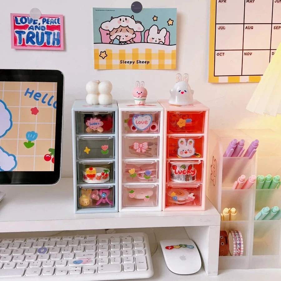 Mini Pastel Drawers with Kawaii Stickers (set of 4) Desk Organiser Desk Clips Small Storage Box School Stationery Accessories