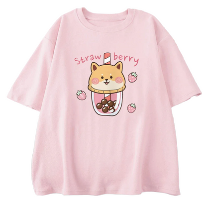 Strawberry Boba Tea Bubble Milk Tea x Shiba Inu Funny T-Shirt Kawaii Graphic Cartoon Print Tops Tee Shirts 