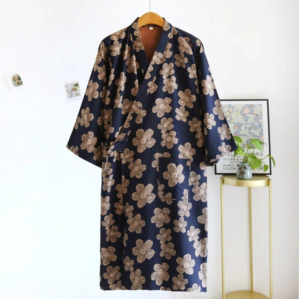 Japanese Kimono Flowery Nightgown New Bathrobe 100% Pure Cotton Double Layer Gauze Yarn Woven Thin Home Fur