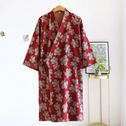 Japanese Kimono Flowery Nightgown New Bathrobe 100% Pure Cotton Double Layer Gauze Yarn Woven Thin Home Fur