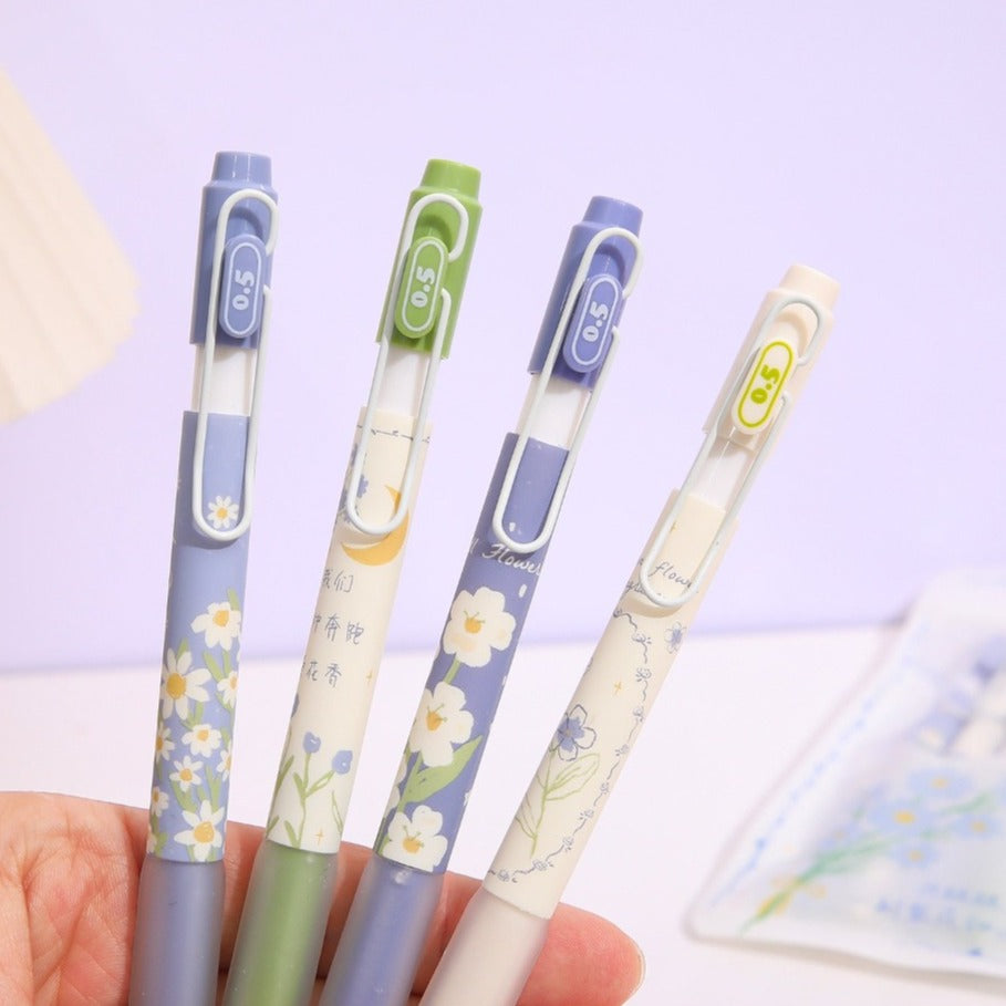 Little Daisy Gel Pens (set of 4) Fresh Flower 0.5mm Ballpoint Quick Dry Black Color Ink for Writing School Office A7244