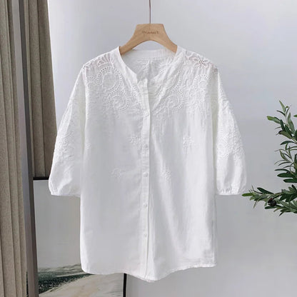 Hollow Out Embroidery White Blouse