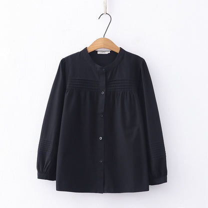 Elegant Minimalistic Blouse Shirt Collar Women Long Sleeves Shirt Top in Black