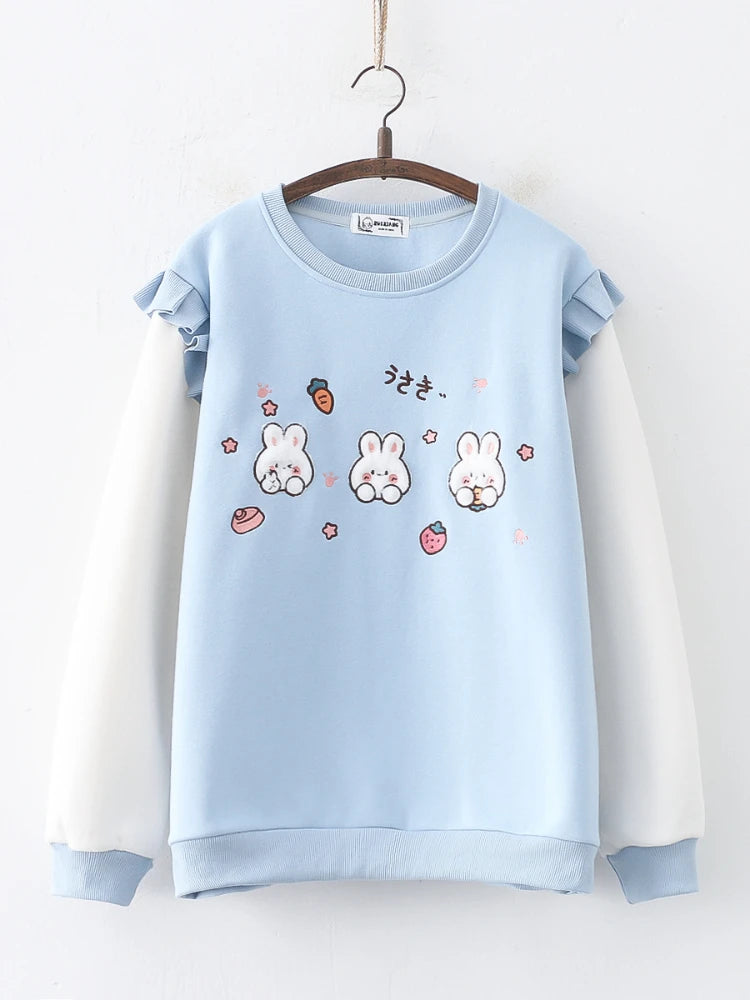 blue Strawberry Rabbit Kawaii Japanese Sweaters Fleece Women Sweatshirt Autumn Winter Round Neck Cartoon Rabbit Embroidery Kawaii Fashion Pullover Cute Jumper 