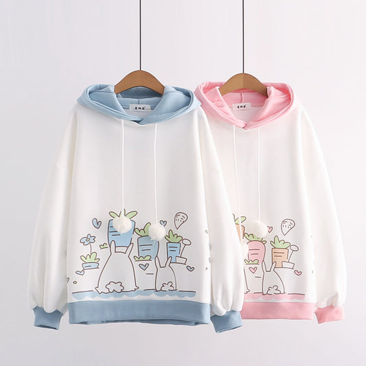 Kawaii Women Hoodies Winter Fleece Hooded Sweatshirt Japanese Harajuku Rabbit Kawaii Girl Pullover Top