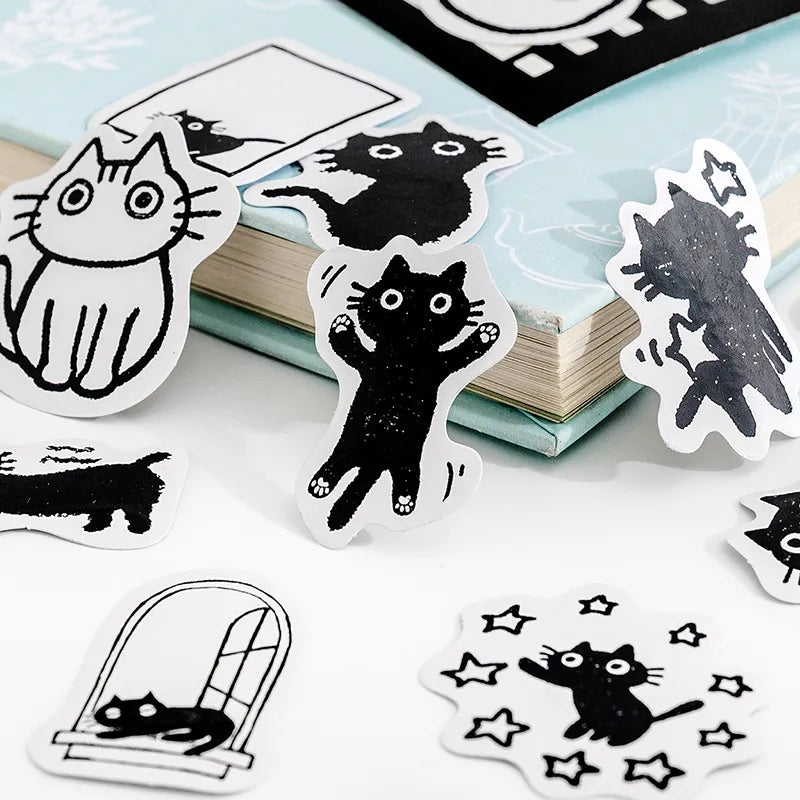 Mr Edgar Black Cat Stickers (45pcs) Box Set Cute Black Cat Adhesive Note Label for Diary Album Decoration School  Fun Supplies