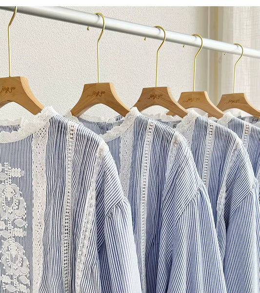 B&Y Blue Striped Blouse with Lace Details