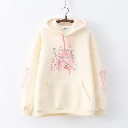 Sweet Peach Milk Print Hoodies Harajuku Style Hooded Sweaters Strawberry Rabbit Bunny Kawaii Fashion Fleece Warm Winter Hoodies Women Sweatshirt