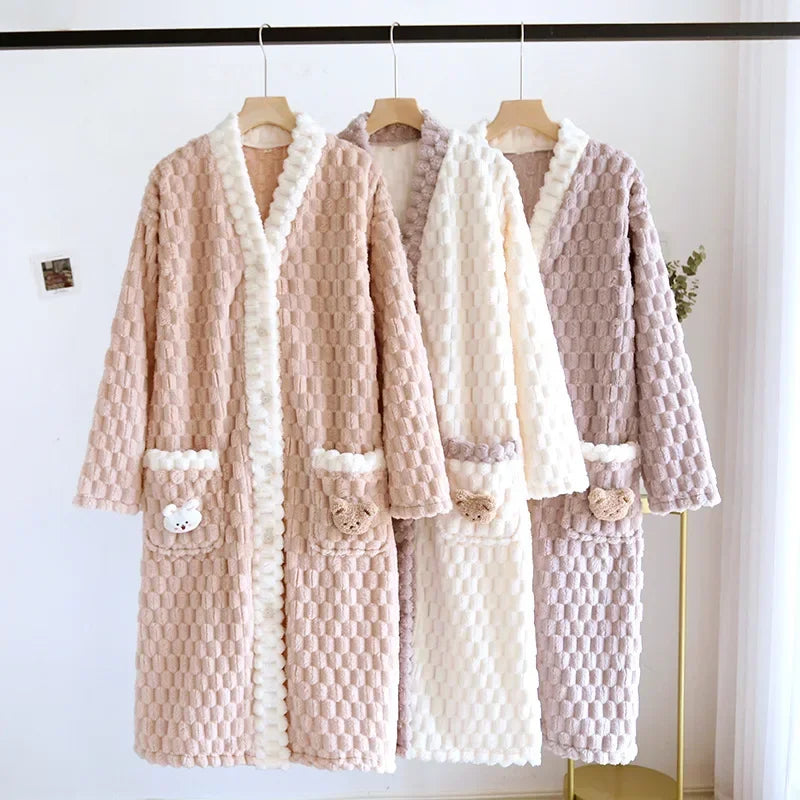 Kawaii Rabbit Plush Night Robe Sleeping Gown Flannel Thickened Warm Night robe Long Dress Coral Loungewear Sleepwear Ladies