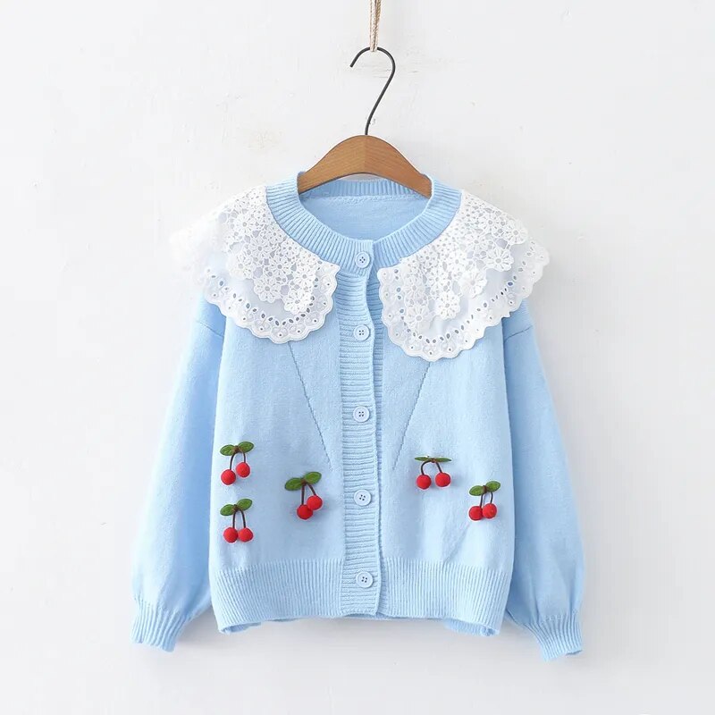 Blue Cherry Lace Sweetheart Cardigan Women Oversized Cardigan Autumn Winter Long Sleeves Sweet Sweaters Jacquard Pockets Casual Chic Kawaii Tops