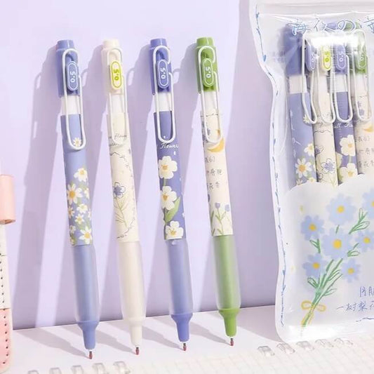 Little Daisy Gel Pens (set of 4) Fresh Flower 0.5mm Ballpoint Quick Dry Black Color Ink for Writing School Office A7244