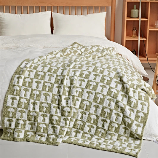 Sage Green Khaki Mushroom Checkerboard Knitted Blanket Fluffy Cozy Sofa Bed Throws Jacquard Blanket Hanarii Shop