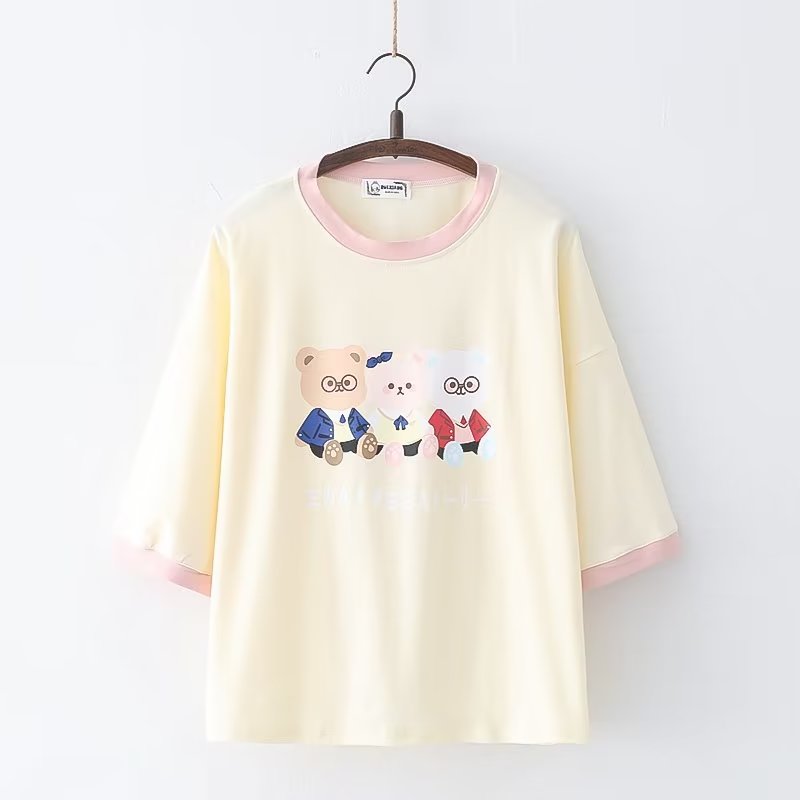 Sweet kawaii teddy bear trio Harajuku Summer Women Tee Shirt Short Sleeve O-neck Cotton Tee Shirt Cute Tops