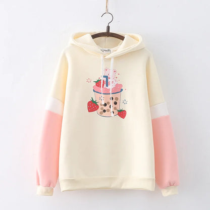 Strawberry Bear Boba Tea Kawaii Print Hoodies