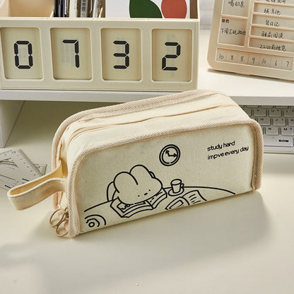 Kawaii Daily Life Canvas Pencil Case Stationery Pen Case Large Capacity School Supplies Bunny Rabbit and Bear Simple Lifestyle