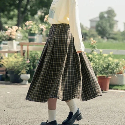 elegant classic tartan women midi skirt girl light academia aesthetic wool cotton cashmere winter midi tartan skirt