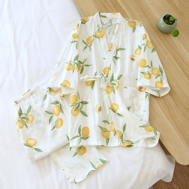 Sweet Lemon Kimono Style Pyjamas Set Cute Sweetheart Sleepwear top and bottoms