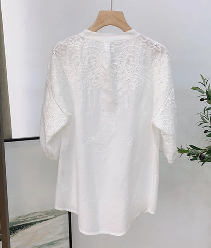 Hollow Out Embroidery White Blouse