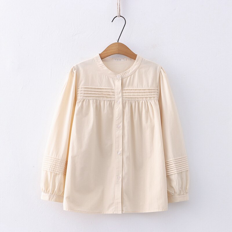 Elegant Minimalistic Blouse Shirt Turndown Collar Women Long Sleeves Shirt Top in Beige