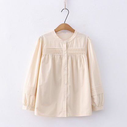 Elegant Minimalistic Blouse Shirt Turndown Collar Women Long Sleeves Shirt Top in Beige