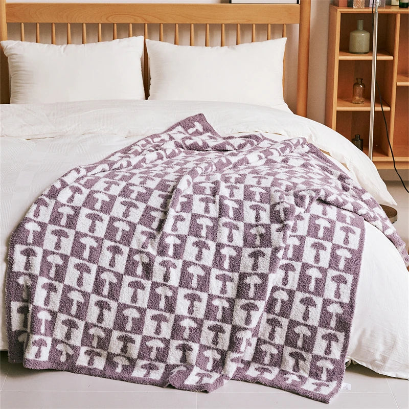 Soft Purple Lavender Lilac Mushroom Checkerboard Knitted Blanket Fluffy Cozy Sofa Bed Throws Jacquard Blanket Hanarii Shop