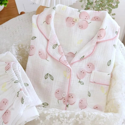 Peachy Cotton Pyjamas Set Cotton Two Piece Fresh and Sweet Fruity Floral Pattern Sleepwear Home Clothing