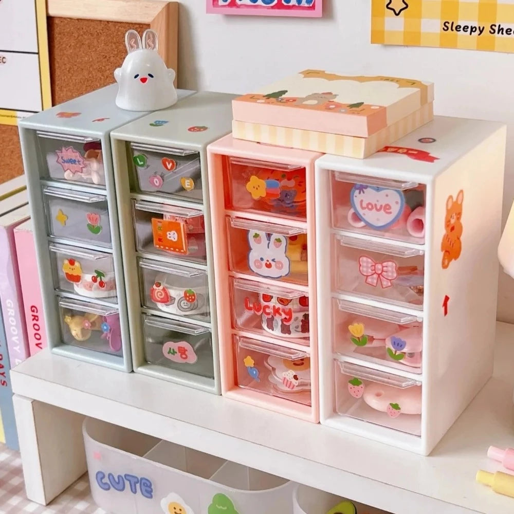 Mini Pastel Drawers with Kawaii Stickers (set of 4) Desk Organiser Desk Clips Small Storage Box School Stationery Accessories