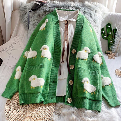 kawaii sweet Autumn Cartoon Sheep Print Loose Fit Oversized Boyfriend Cardigan 