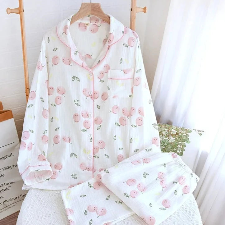 Peachy Cotton Pyjamas Set Cotton Two Piece Fresh and Sweet Fruity Floral Pattern Sleepwear Home Clothing