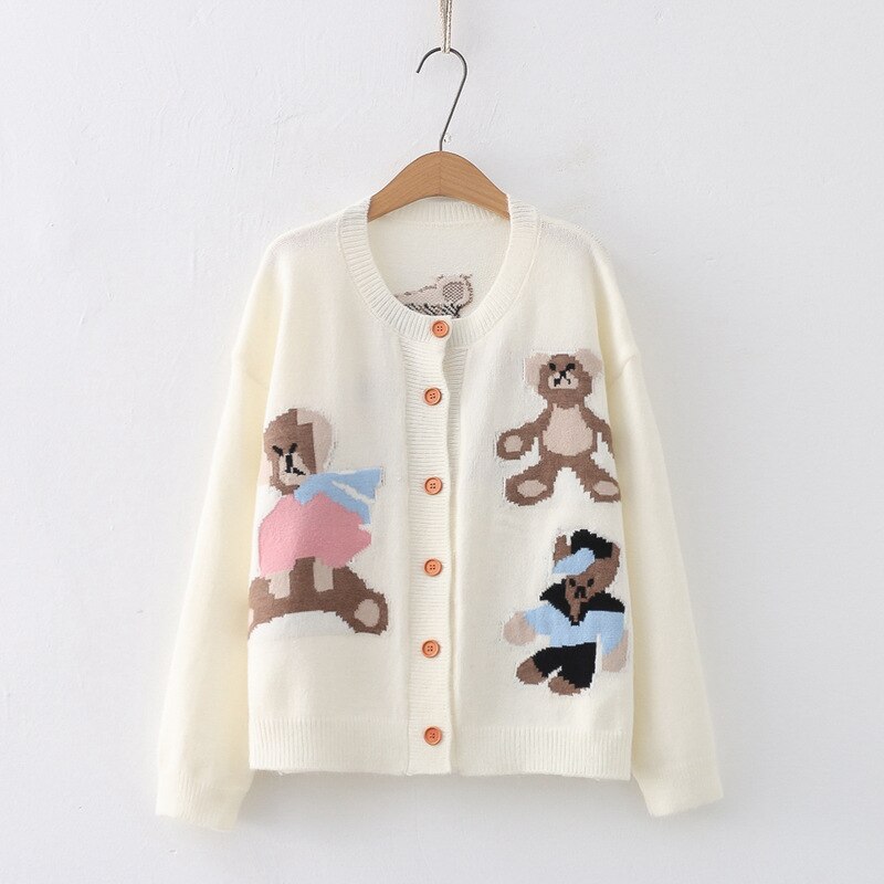 White Beige Teddy Bear Party Embroidered Knit Cardigan Autumn Cosy Cardigan Jacquard  Scoop Round Neck Loose Casual Chic Cardigan Sweaters 