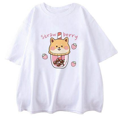 Strawberry Boba Tea Bubble Milk Tea x Shiba Inu Funny T-Shirt Kawaii Graphic Cartoon Print Tops Tee Shirts 