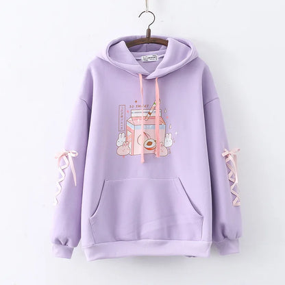 Sweet Peach Milk Print Hoodies Harajuku Style Hooded Sweaters Strawberry Rabbit Bunny Kawaii Fashion Fleece Warm Winter Hoodies Women Sweatshirt