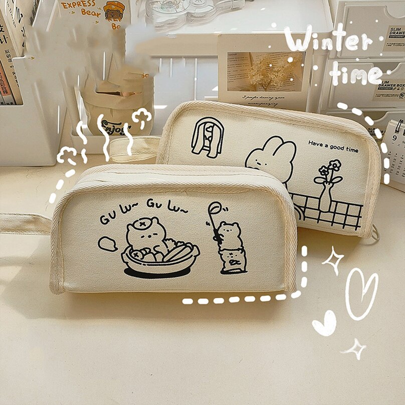 Kawaii Daily Life Canvas Pencil Case Stationery Pen Case Large Capacity School Supplies Bunny Rabbit and Bear Simple Lifestyle