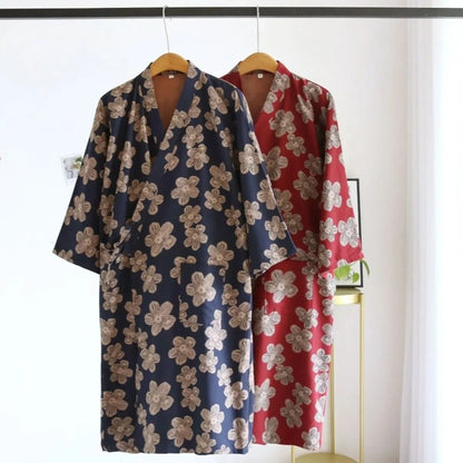 Japanese Kimono Flowery Nightgown New Bathrobe 100% Pure Cotton Double Layer Gauze Yarn Woven Thin Home Fur