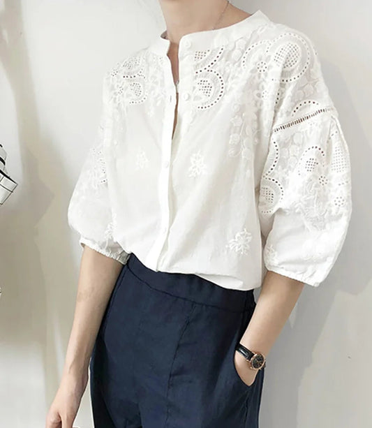 Hollow Out Embroidery White Blouse