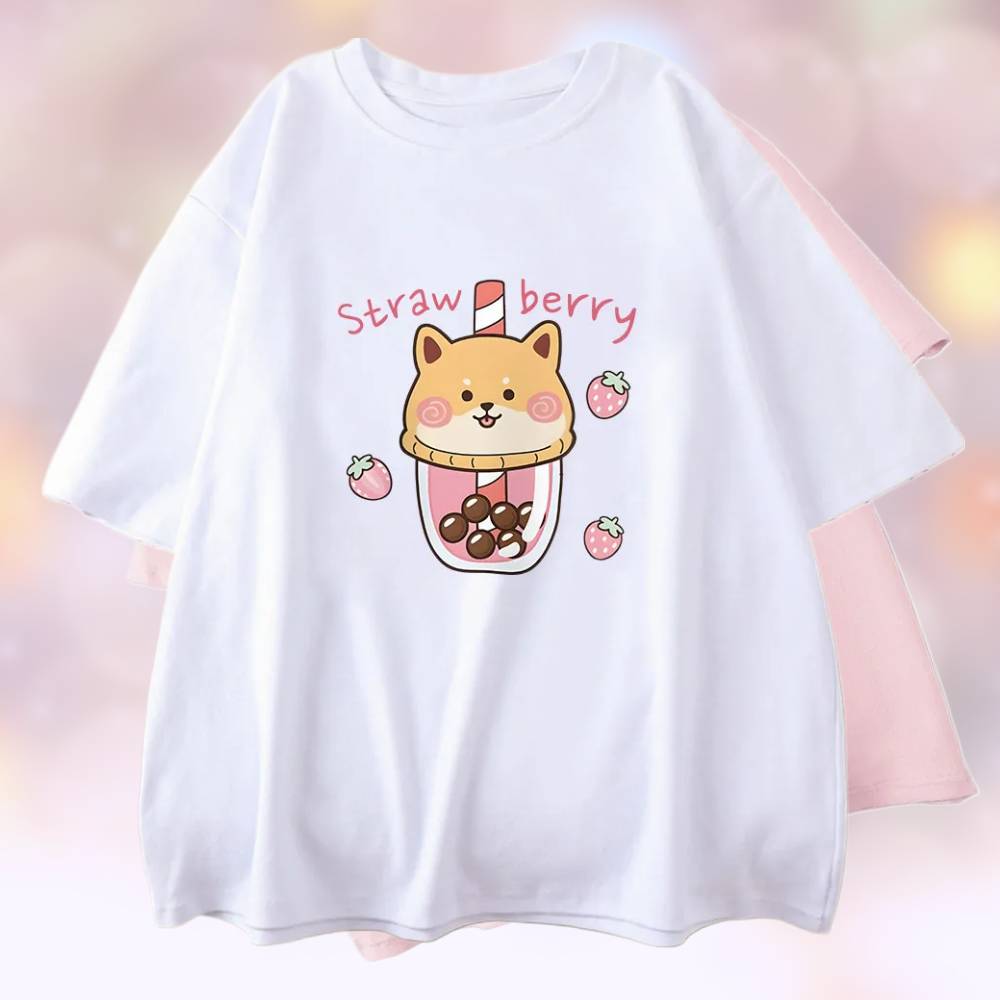 Strawberry Boba Tea x Shiba Inu Funny T-Shirt Kawaii Graphic Cartoon Print Tops Tee Shirts 