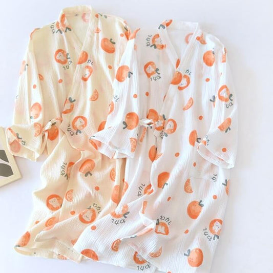 Sweet Orange Rabbit Bunny Kimono Night Robe Japanese Kimono robe cotton nightdress sleepwear for women thin soft comfortable nightgown pajamas 