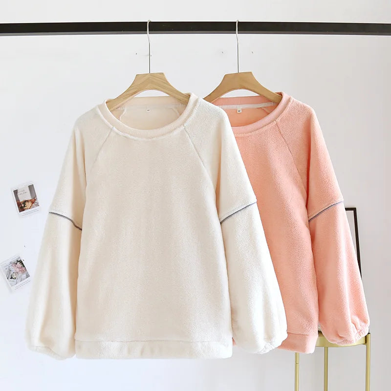 Cuddly Plush Basic Crew Neck Jumper Winter Women's Pajamas Single Piece Top Coral Plush Thickened plush Long Sleeve Top Loose Flannel Sweater