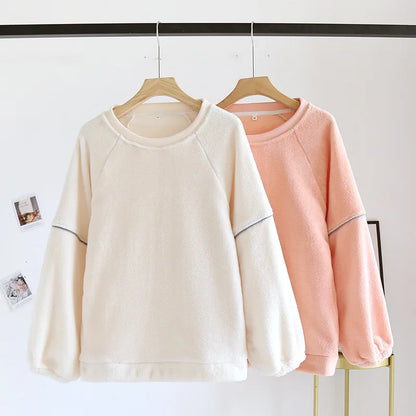 Cuddly Plush Basic Crew Neck Jumper Winter Women's Pajamas Single Piece Top Coral Plush Thickened plush Long Sleeve Top Loose Flannel Sweater