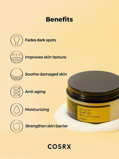 Cosrx cream jar with benefits listed on a beige background