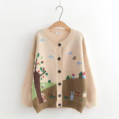 Beige Brown Fairytale Journey Storybook Knit Cardigan Autumn Long Sleeve O Neck Loose Sweater Preppy Cartoon Buttons Embroidered Cardigan Knitwear